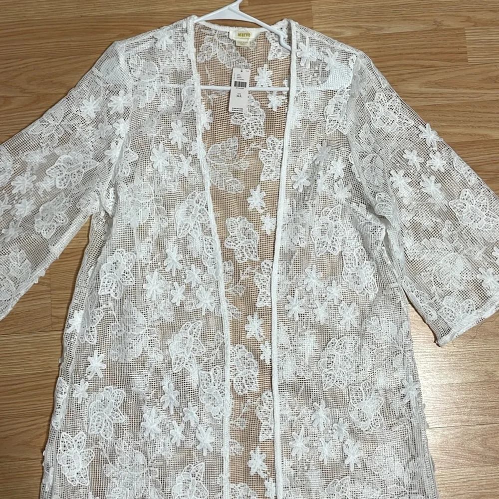 Anthropologie White Floral Lace Open-Front Swim Coverup
